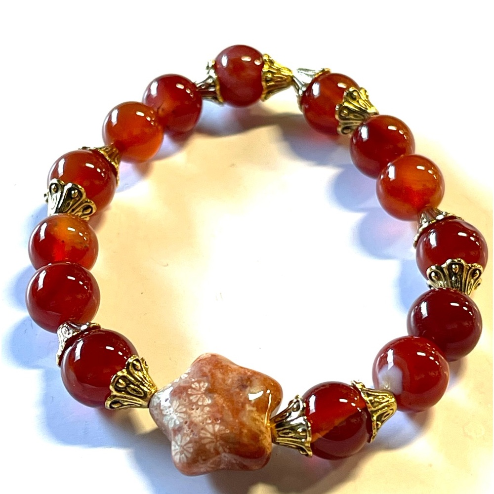 Natural Red Carnelian Bracelet with Coral Jasper Star Crystal Gemstone